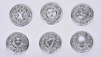 Scottish Kilt Fly Plaid Brooch With Scrolling Thistle Border Various Designs
