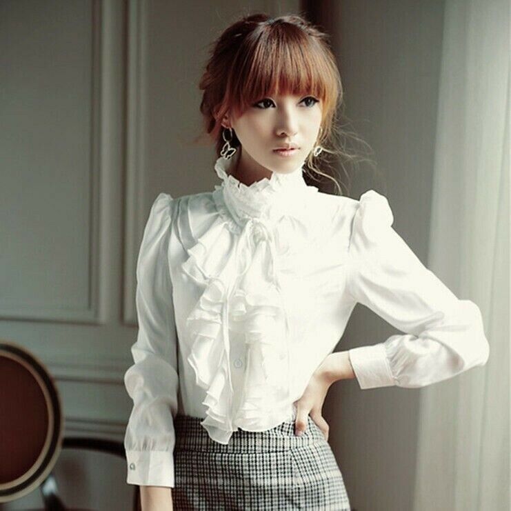 Lady Ruffles Frill Collar Shirt Top Chiffon Blouse Victorian