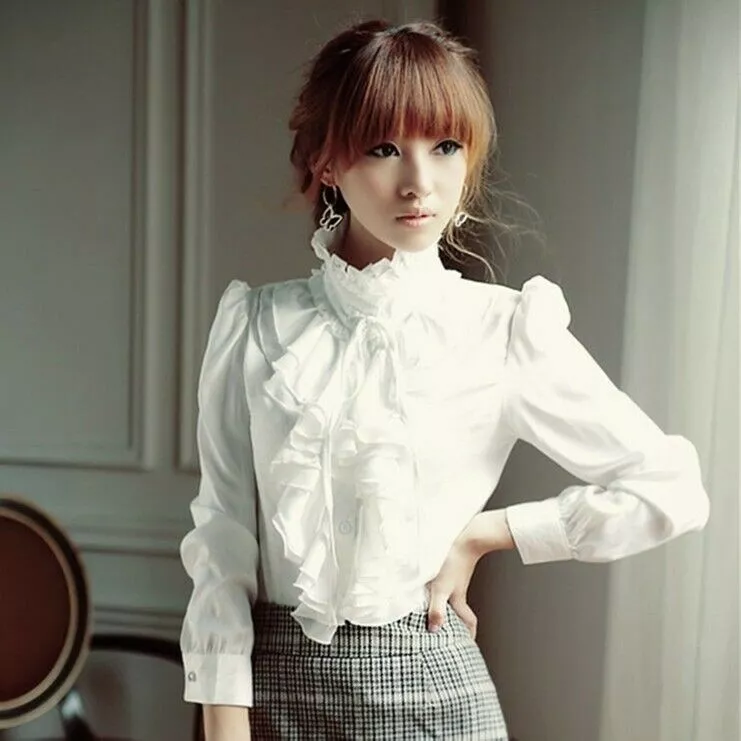 Lady Ruffles Frill Collar Shirt Top Chiffon Blouse Victorian Lolita Retro White