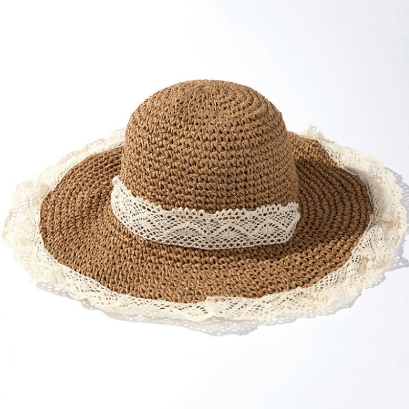 Femme Pliable Respirant Large Bord Chapeau Paille Extérieur Soleil Bob Été Plage - Photo 4/4