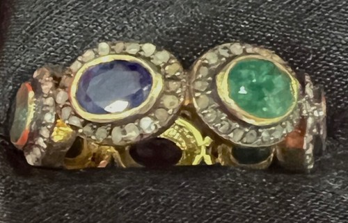 Vtg 925 Gold Natural Rosecut Emerald Ruby Sapphire w/ diamonds Handmade Sz 8 - Picture 4 of 9