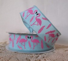 10 Yards 1 1/2 inch Offray Wired Ribbon Pink Flamingos Printed on Turquoise