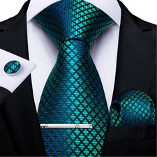 Teal Blue Plaids Necktie Mens Tie Hankie Cufflinks Tie Pin Set Gift Event