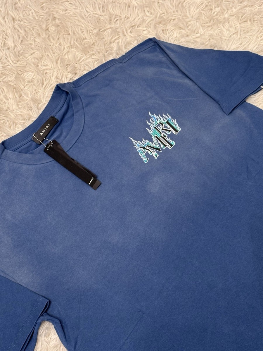 Amiri Blue/Green Flame Logo Tee Shirt Size Small Same Day Shipping