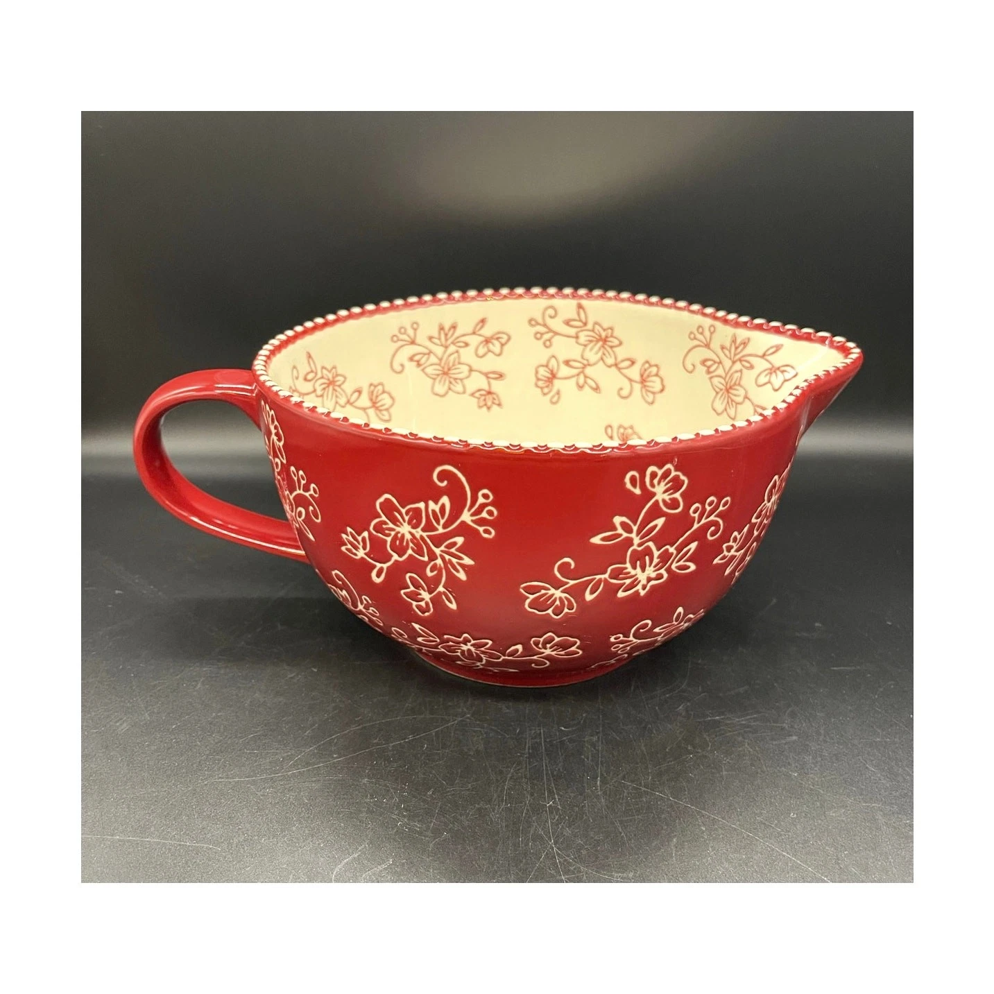 Temptations Red & White Floral Lace Embossed 2 Qt Batter Bowl 9" x 5" Tall