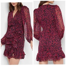 Express Abstract Print Faux Wrap Ruffle Mini Dress Red Black Purple Size Small