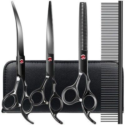 Professional Dog Grooming Scissors Kit Black 5 in 1 Shears Stainless Steel Set