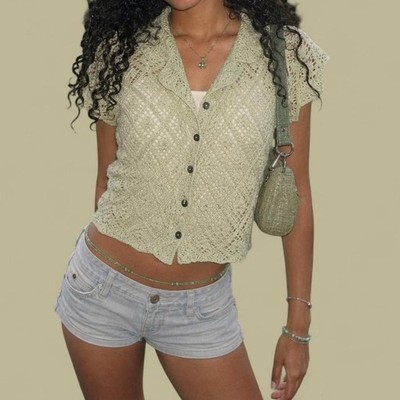 Tweeds Sage Green Linen Blend Crochet Button Front Cardigan Top Women's Small