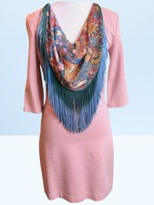 JUST CAVALLI Blush Pink Bodycon Dress with Tapestry Fringe Scarf Detail — Size L