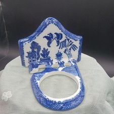 VTG Blue Willow Toothbrush Cup Holder Wall Mount Porcelain Fishing Village Birds
