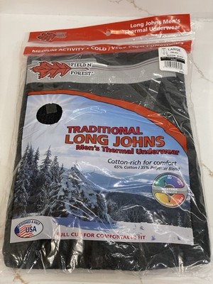 Field N' Forest Long John Pants Men Large Thermal Underwear Black Waffle New