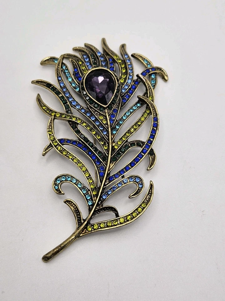Heidi Daus Peacock Feather Crystal Large Pin Brooch Purple Blue Green 