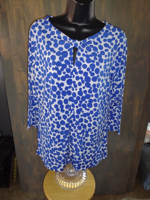 Susan Graver Blue & White Polka Dot Tunic Top (s) knot/ Cutout detail neckline