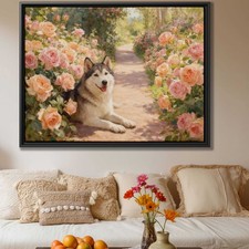 Siberian Husky Dog Art Canvas Print Oil Painting Floral Wall Decor Living Room