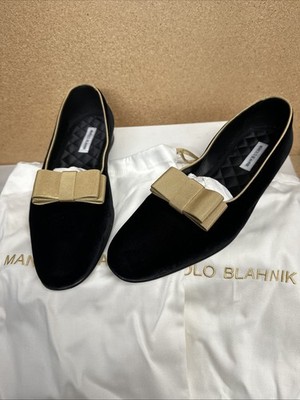 Manolo Blahnik 50th Anniversary Bow Velvet Dress Loafer Black Gold Men's 13