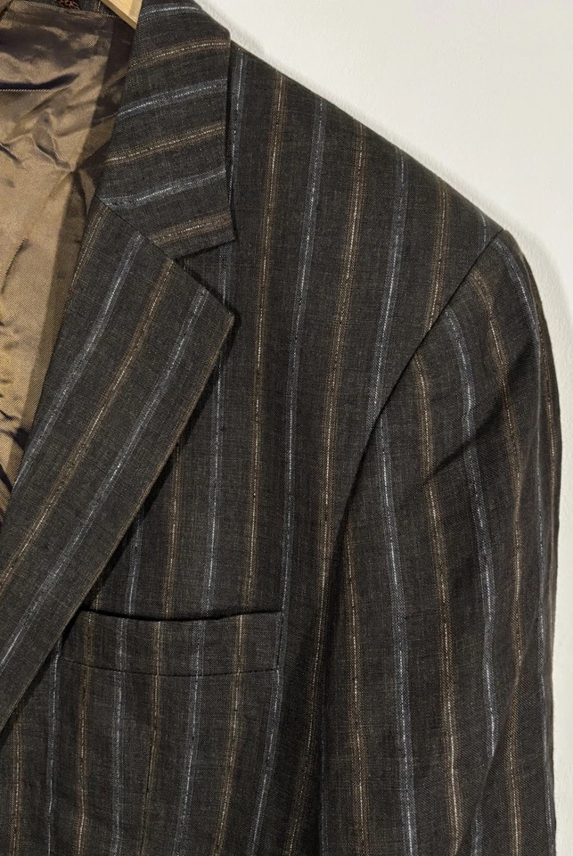 FRANK EDEN Mens 42R Linen Blazer Brown Striped Wedding Formal Jacket Vintage - Image 2 of 4