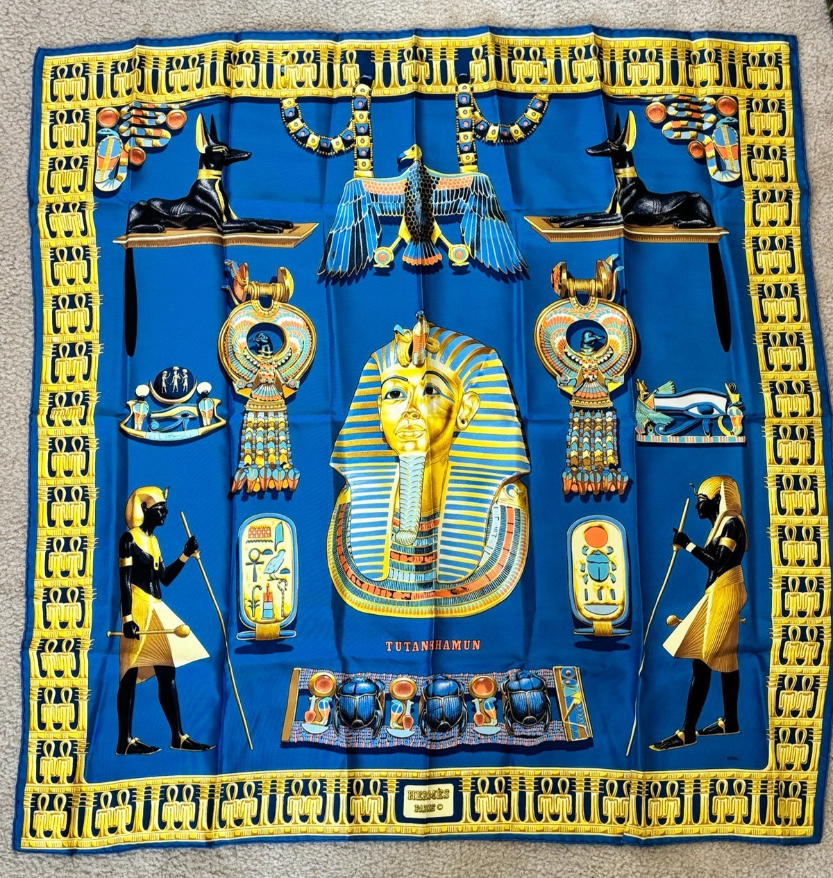 Rare 1976 Hermes Tutankhamun King Tut 100percent Silk Scarf Rybaltchenko 90cm Vintage