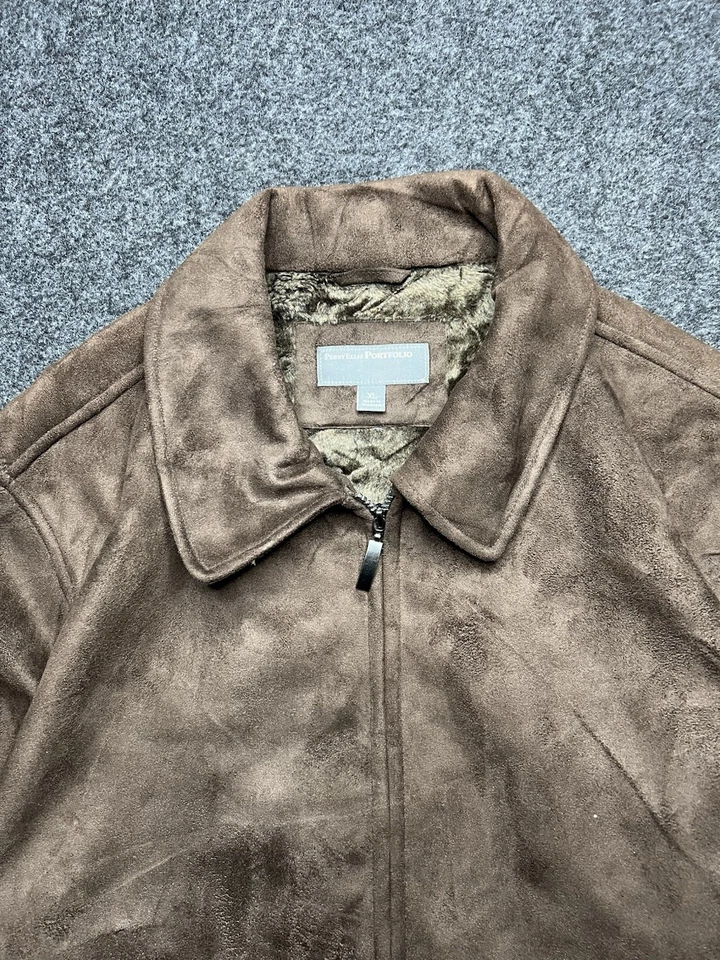 Premium Perry Ellis Portfolio Brown Faux Suede Fur Lined Jacket Coat men size XL - Image 3 of 4