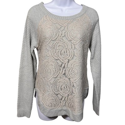 Anthopologie Cloud Chaser Rose Lace Knit Sweater Delicate Floral Cozy Basic S