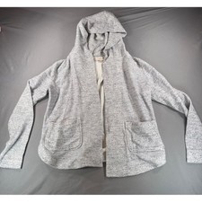 LOFT Women Grey White Striped Open Front Hooded Cardigan Sweater Size S