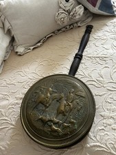 Vintage Brass Embossed Bedwarmer Wall Hanger. Made In England. Hunt Scene. 1960s