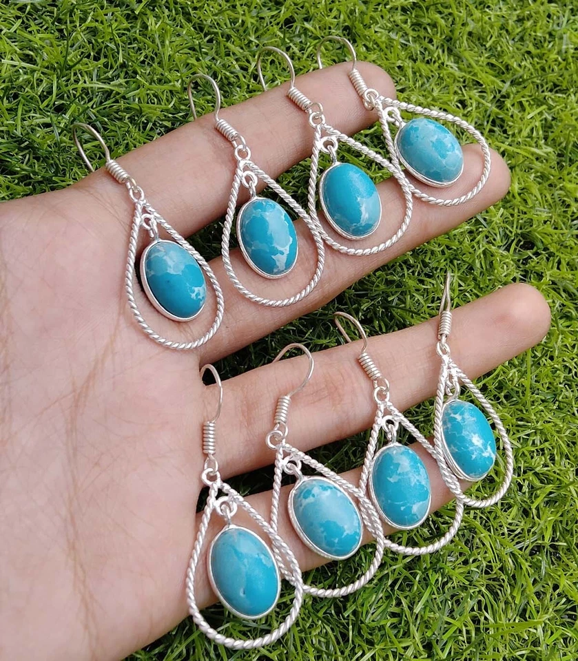 Wow !! Larimar Gemstone 925 Sterling Silver Plated Hook Unisex Earrings Lot - Изображение 2 из 3