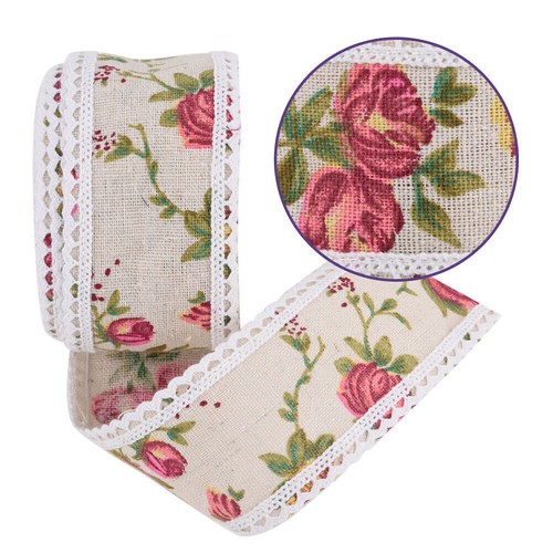 Lace Printed Flower Burlap Ribbon Hessian Jute Belt Strap Wedding Cloth - Picture 3 of 7