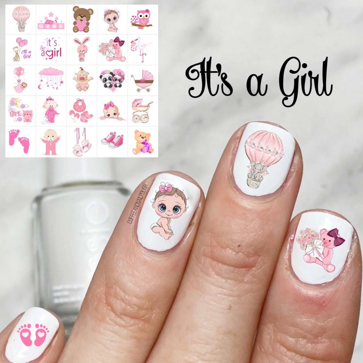 Girl Baby Shower Waterslide Nail Art Decals Set of 50 Gender Reveal