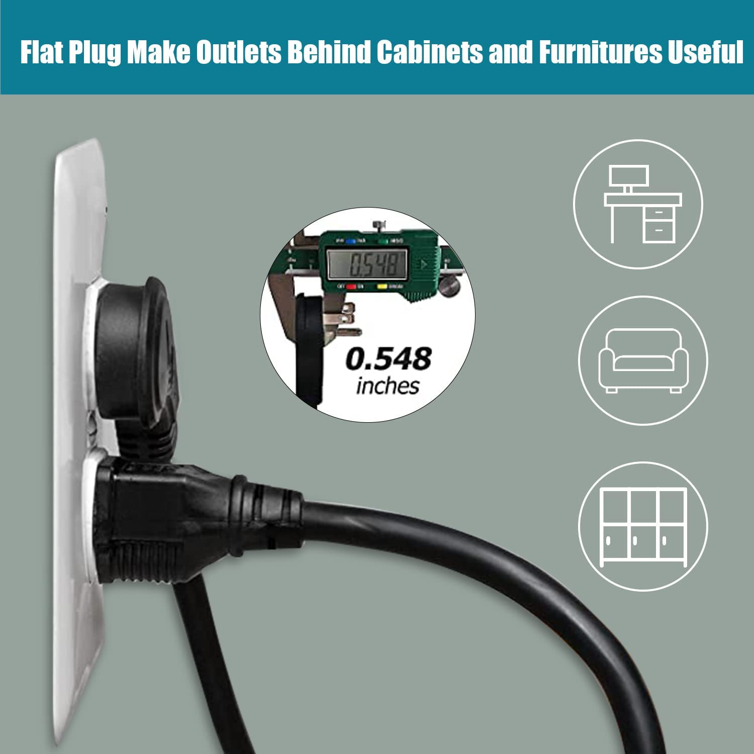 15 Ft Flat Plug Extension Cord, 16 AWG 3 Prong Grounded White Low Profile Extens