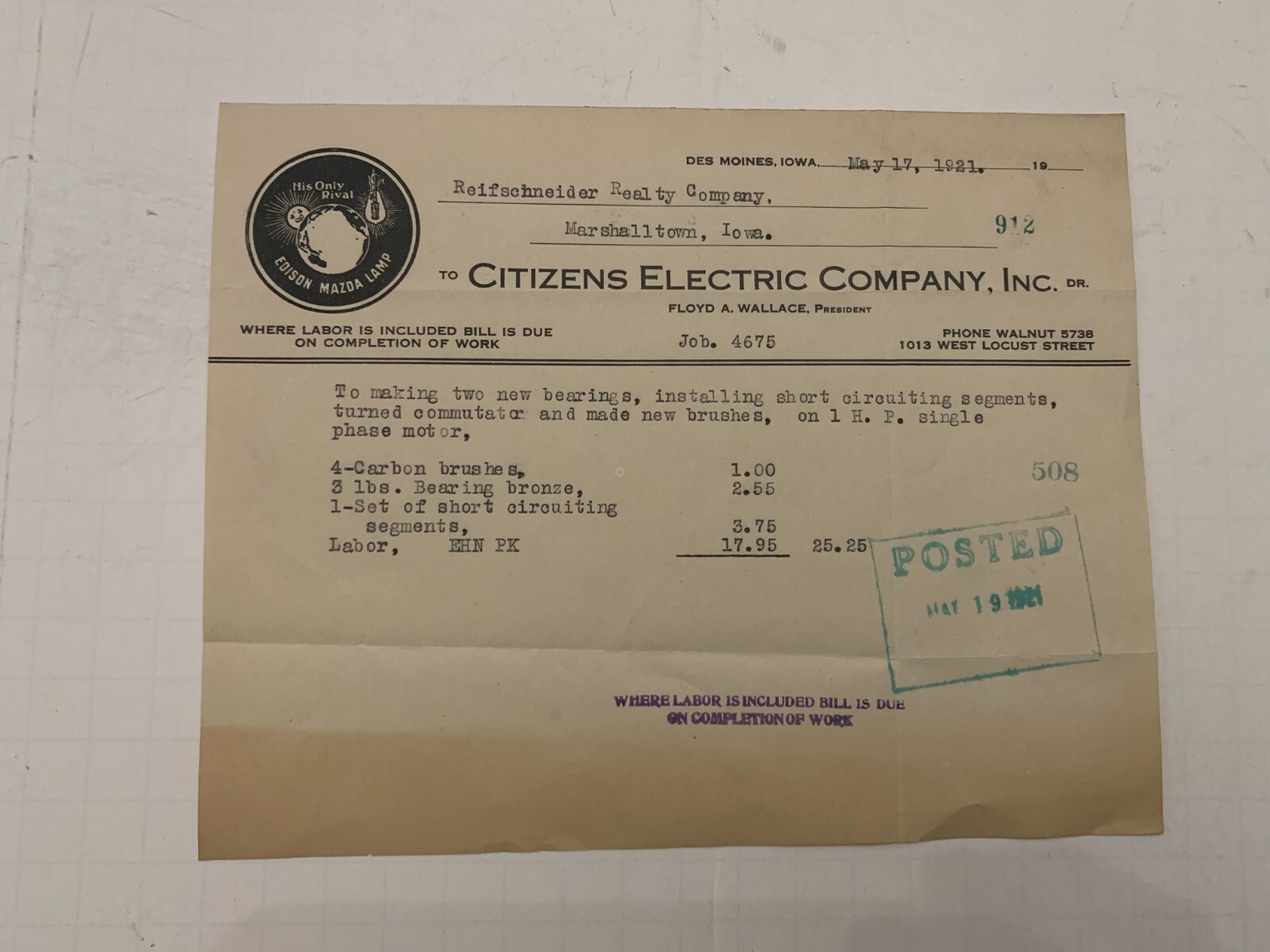 1921 Citizens Electric Company Des Moines Iowa Receipt | eBay
