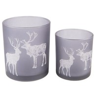 Clayre & Eef 2Er Set Teelichthalter Rentier Grau Glas Teelicht Ø 9X10 / Ø 7X8 Cm