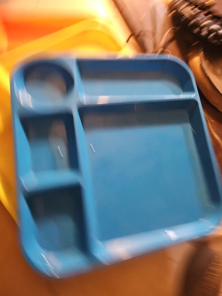 Lot of 3 Plastic 5 Compartment Snack Lunch Trays 10" X 10" Orange Blue Yellow - Image 2 of 4