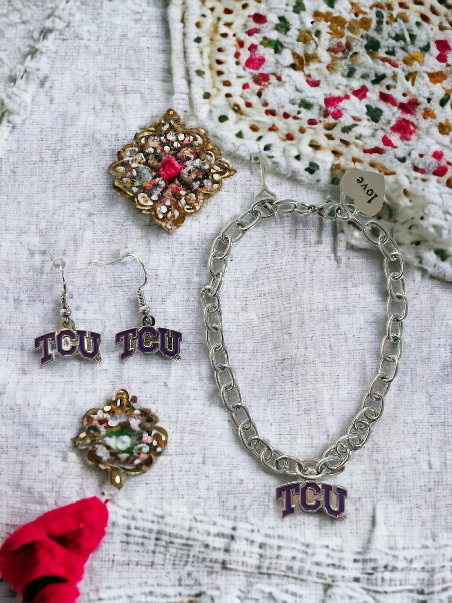 TCU Horned Frogs Bracelet and Dangle Earrings-Stainless Steel