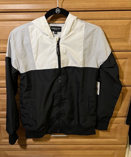 Kenneth Cole NY Boys Black, White, Gray -Light Jacket /Coat Size 14-16 With Hood - Afbeelding 1 van 8