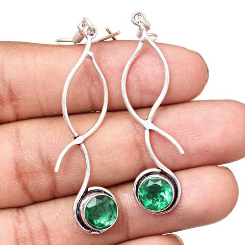 Emerald Quartz Gemstone Handmade Silver Jewelry Earrings 1.5''