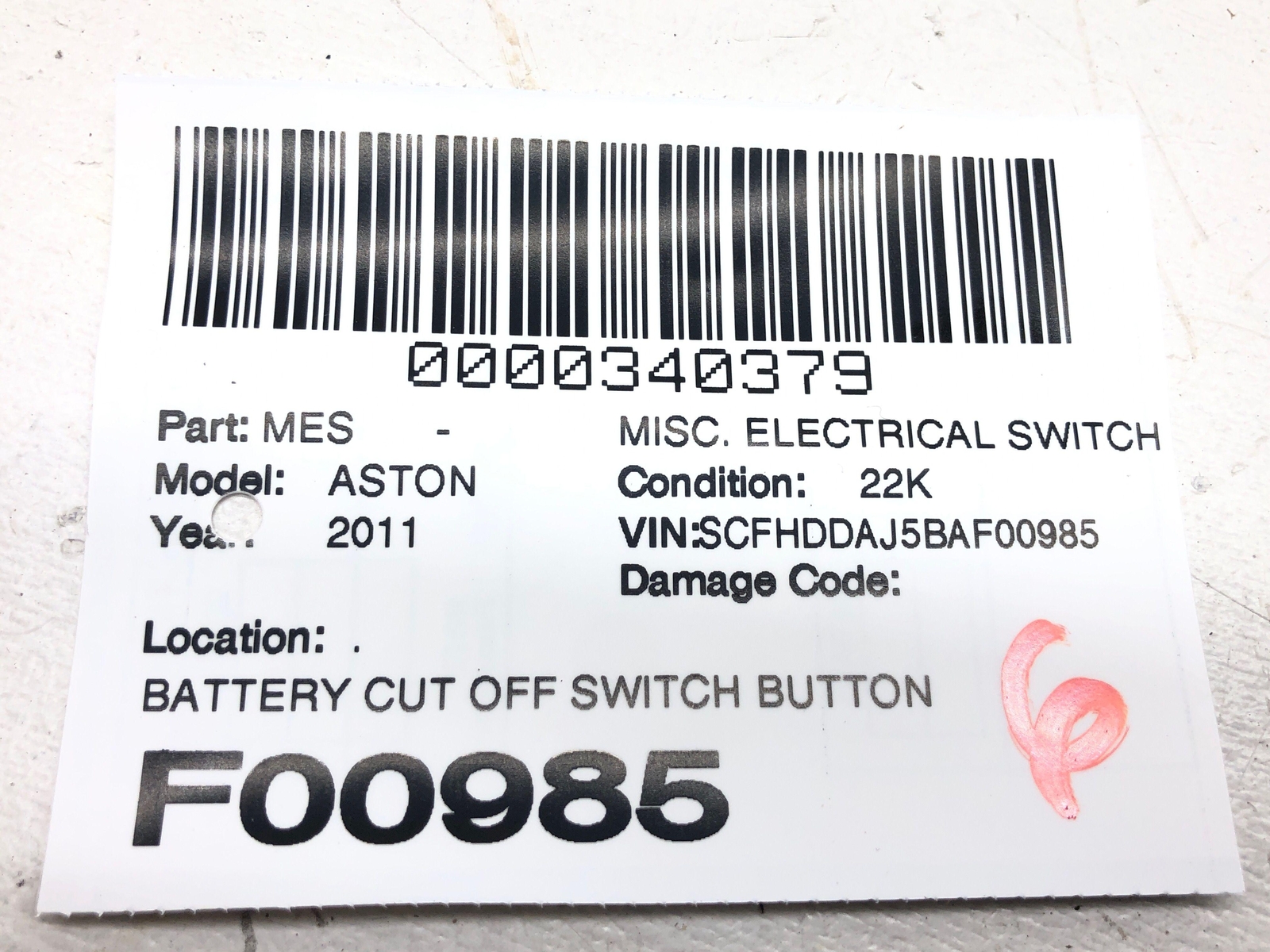 2011-2020 ASTON MARTIN RAPIDE BATTERY CUT OFF SWITCH BUTTON 6G33-10B774-AA OEM