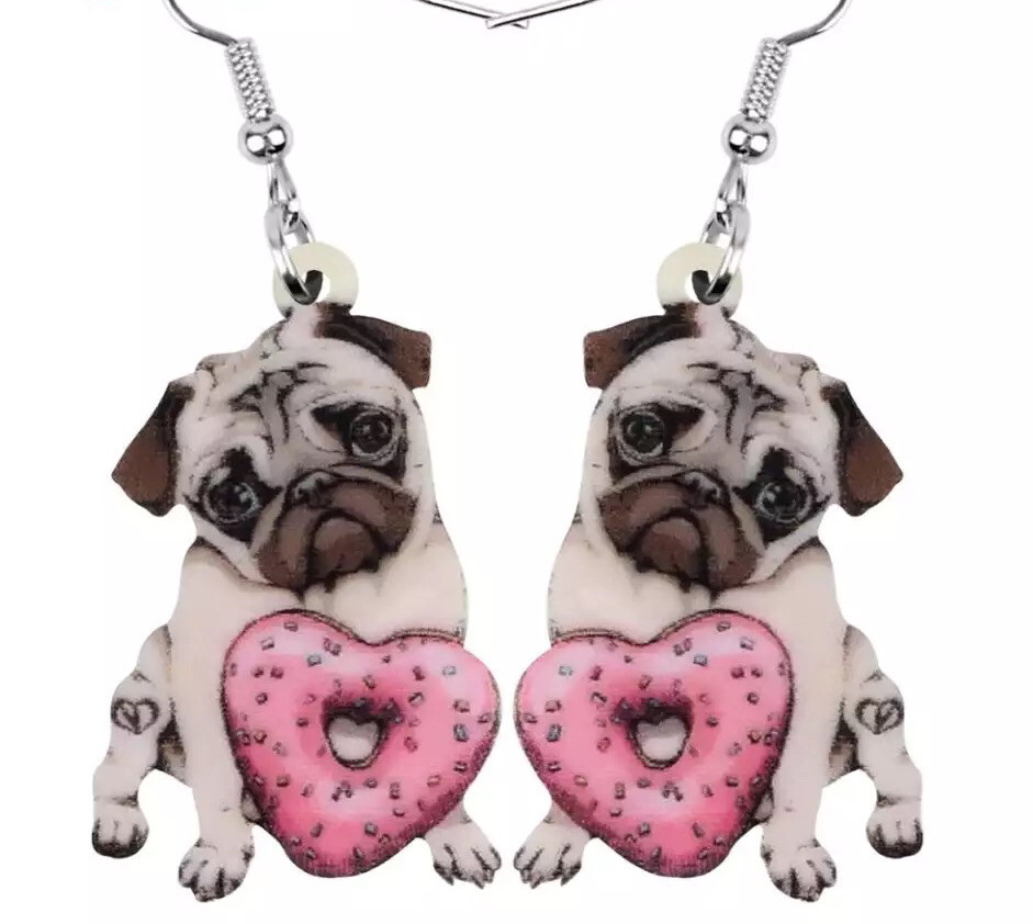 Pug Puppy Dog Earrings, Valentine Heart Donut, Dog Mom Fun Earrings, New