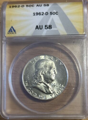 1962-D FRANKLIN HALF DOLLAR ANACS AU-58 - Afbeelding 1 van 2