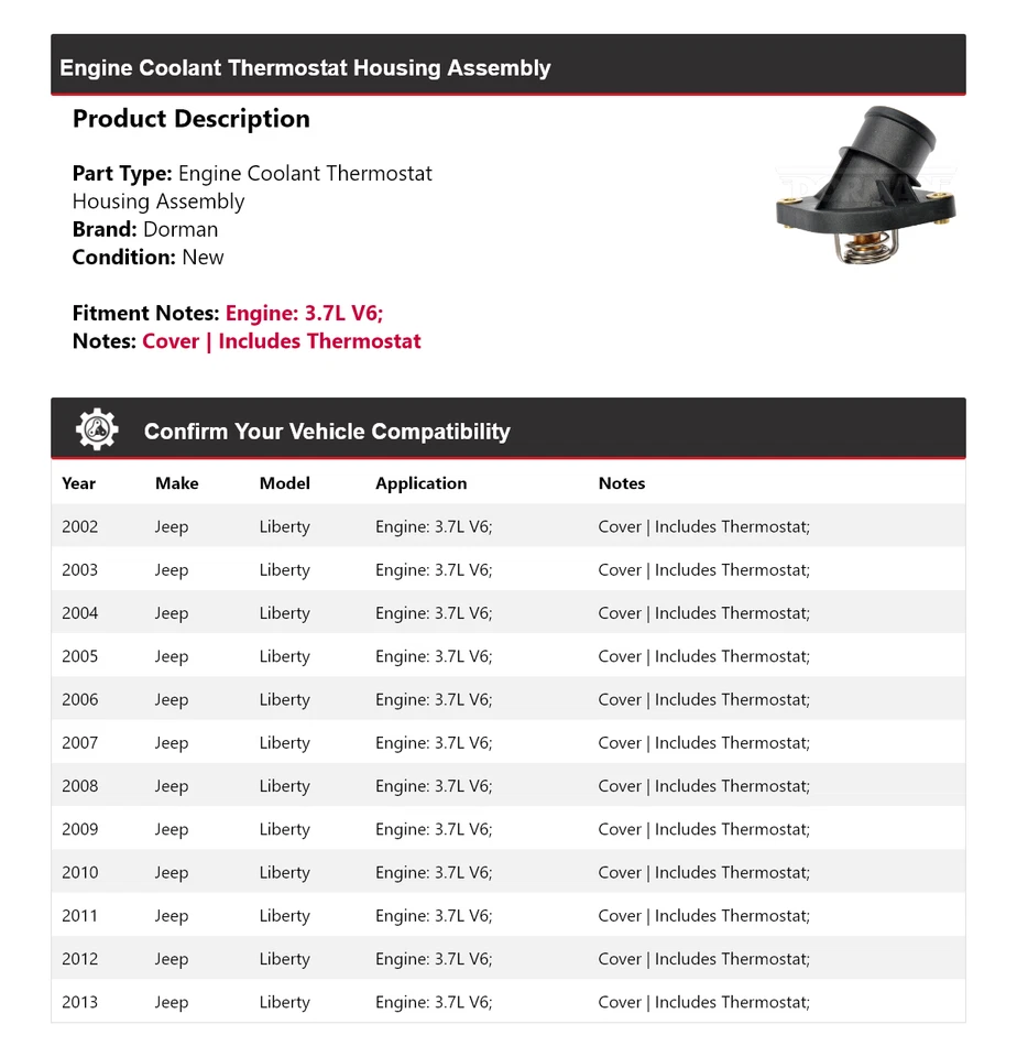 适用于 2002 - 2013 年吉普自由人 3.7 升 V6 Dorman 恒温器外壳组件 2003 2004 — 第 2/4 张图片