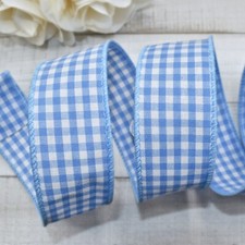 12 Feet Blue White Gingham Plaid Polyester Cotton Wired Ribbon - 1 5/16" Wide