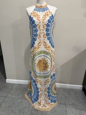 Fashion Nova Maxi Dress Women’s Size M Boho Baroque Print Halter Top Back Tie