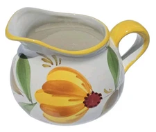 Vintage Italian Floral Pottery Pitcher Ceramic Hand Painted FTD Yellow 7"Wx5"H