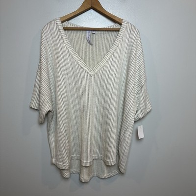 Grace + Karma Plus Size 2X Slouchy Boho Knit Short Sleeve Sweater Gray Cream NWT