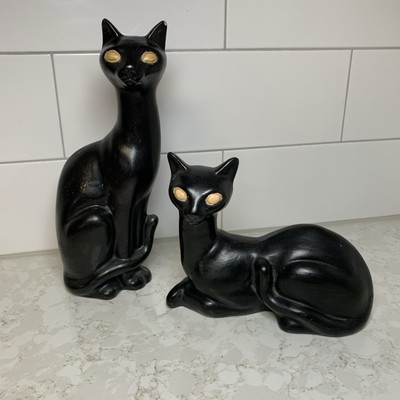 Mid Century Modern Atomic Black Cat Figurine Lot Statue Yellow Eyes 60 s