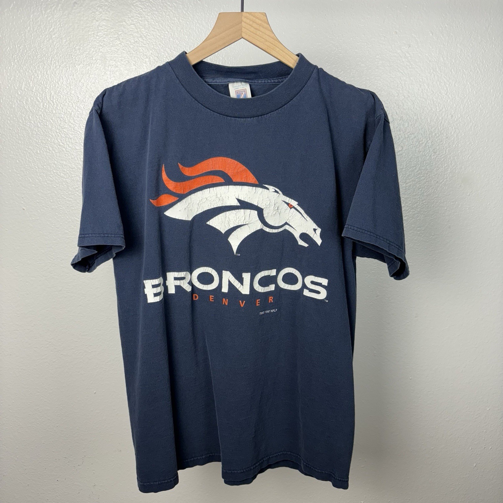 Vintage Logo 7 Denver Broncos Short Sleeve T Shirt Men's Large Blue 90’s