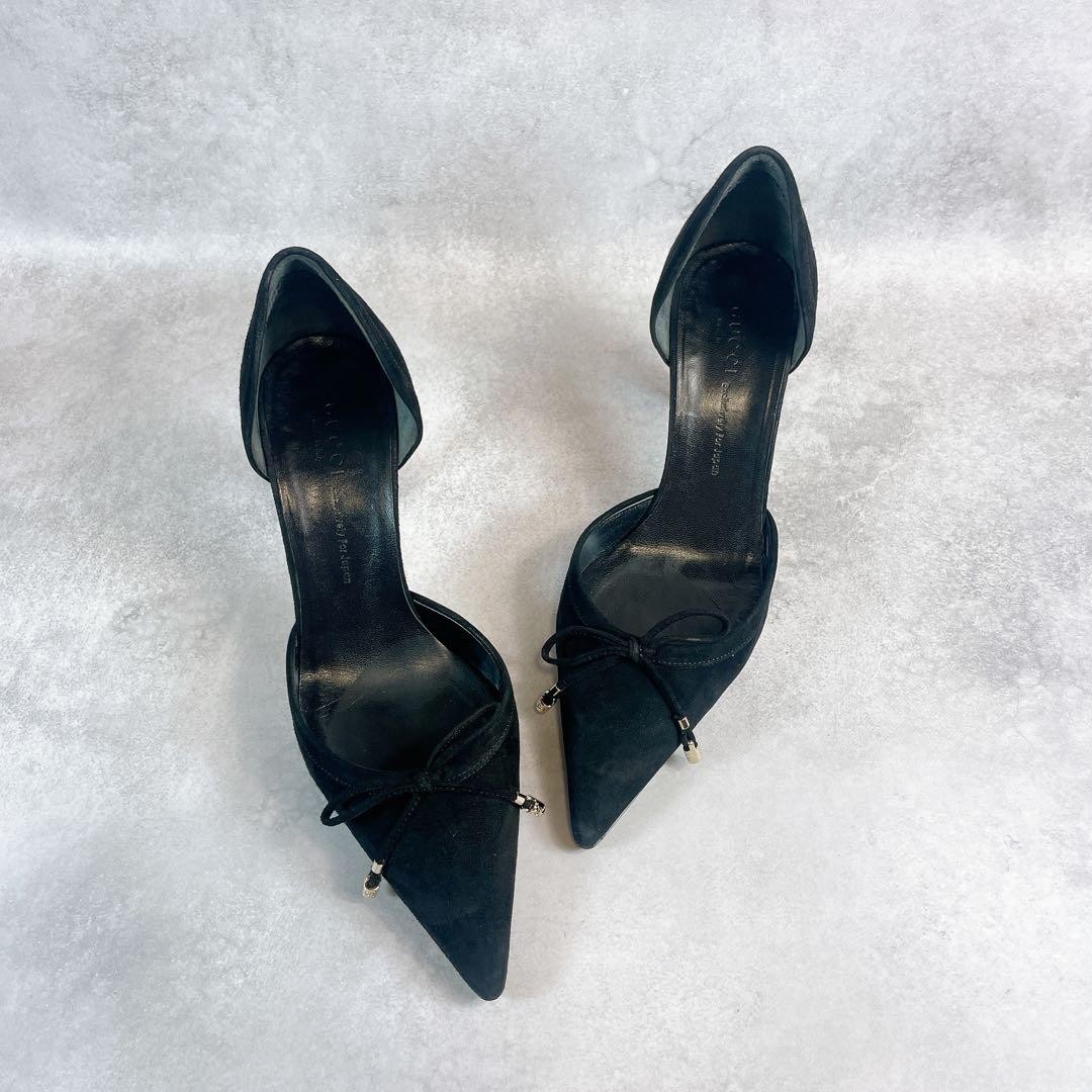 Auth Gucci GG Ribbon Pumps Leather Black Logo Heel Shoes EU36.5 US6.5 UK3.5 thumbnail 18