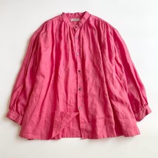 ICHI Antiquites Linen Shirt Band Collar Pink Loose Fit Free Size Japan