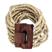 Multi-Strand Turquoise Blue Seed Bead Stretch Cuff Bracelet with Wooden Toggle Clasp