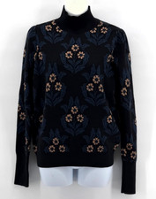 Ann Taylor Floral Mock Neck Sweater Women Small Black Blue Metallic Knit Top