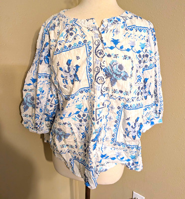 Jane + Delancey Women's Floral Button-Front Blouse 1X Plus White/Blue
